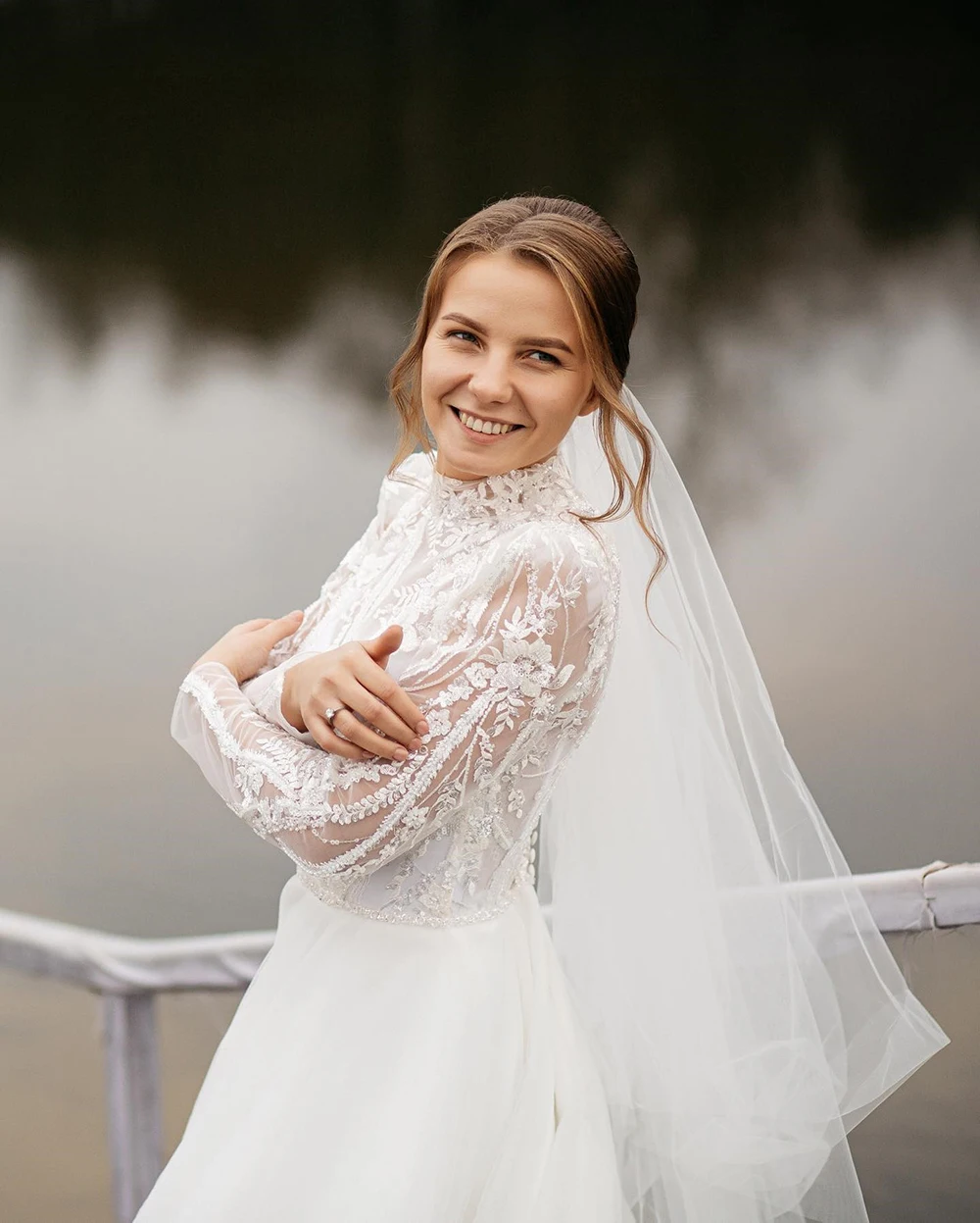 Customized Romantic Bride Gown Lace A-line Long Sleeve High Wedding Dresses for Woman Perspective Tulle Skirt زوجة فستان حفلات ا