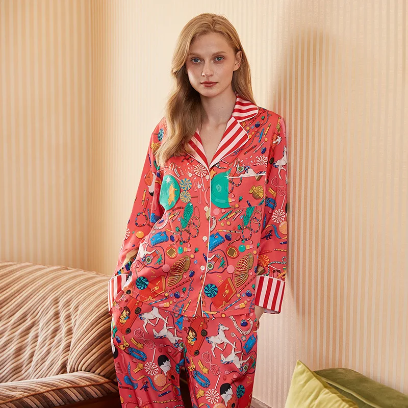 

New 2024 Red Women's Pajamas Set Print Patchwork Silk Like Two Pieces Long Sleeve Full Length Pants Trousers Sleepwear 42901