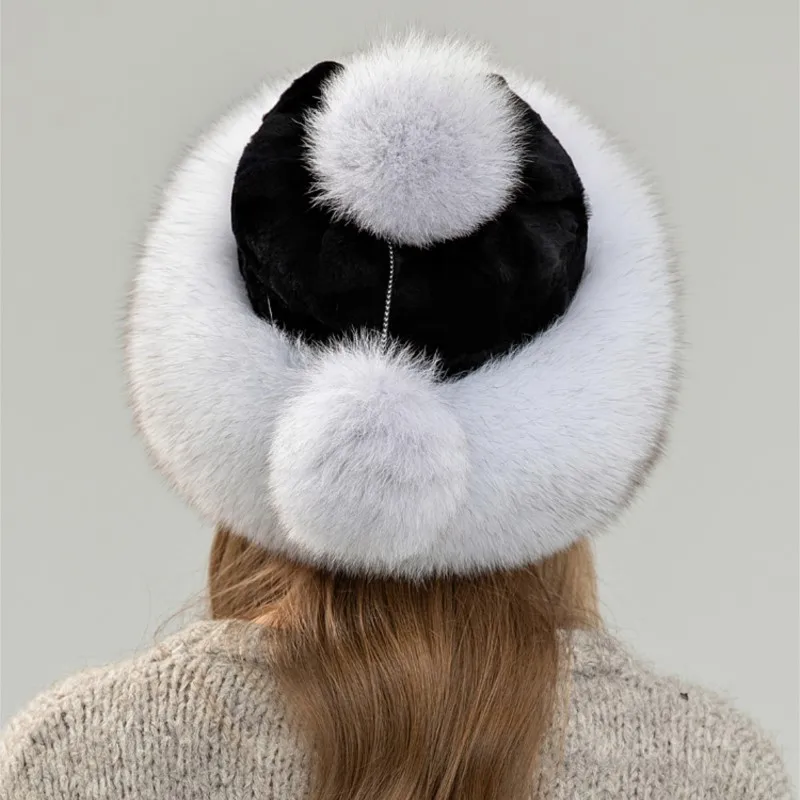 

Women real fox fur hat Winter warm ear-protecting princess fur straw hat Girl outdoor thickened whole fur rex rabbit fur ski hat
