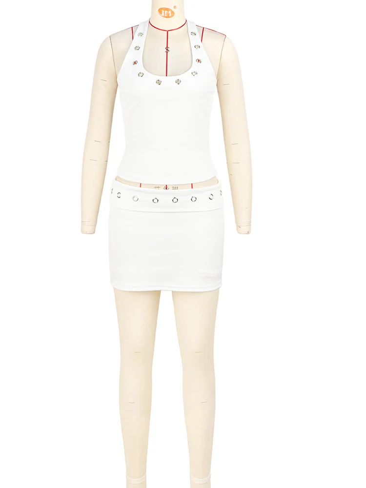 Beyprern Sexy Hollow Out Eyelet Two Piece Set Women Summer White Halter Crop Top and Mini Skirt Sets Outfits Streetwear 2026 image 3