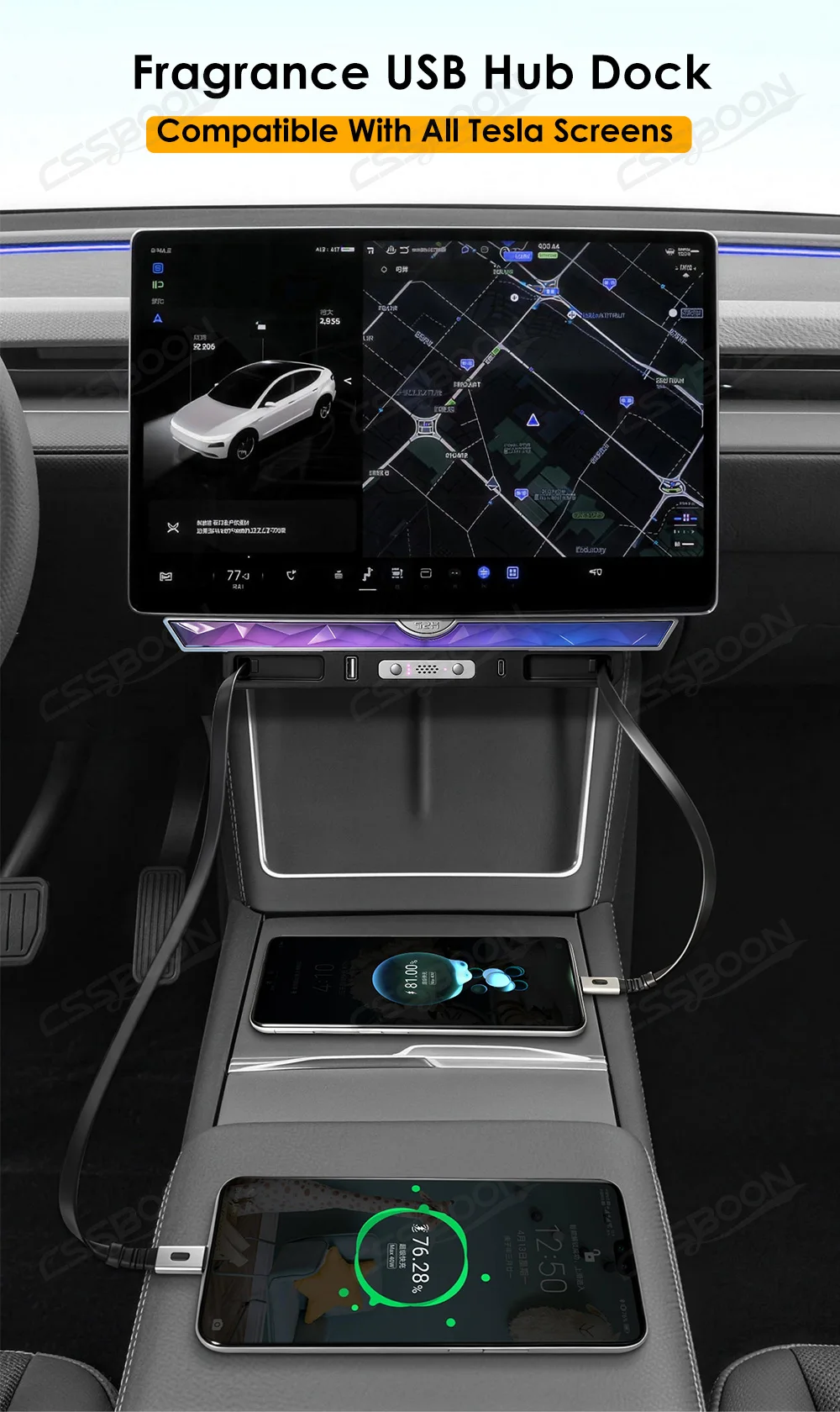 For Tesla Crystal Aromatherapy Dock 180W Fast Charging Hub with Retractable Cable RGB Ambient Light USB-C Expansion Station