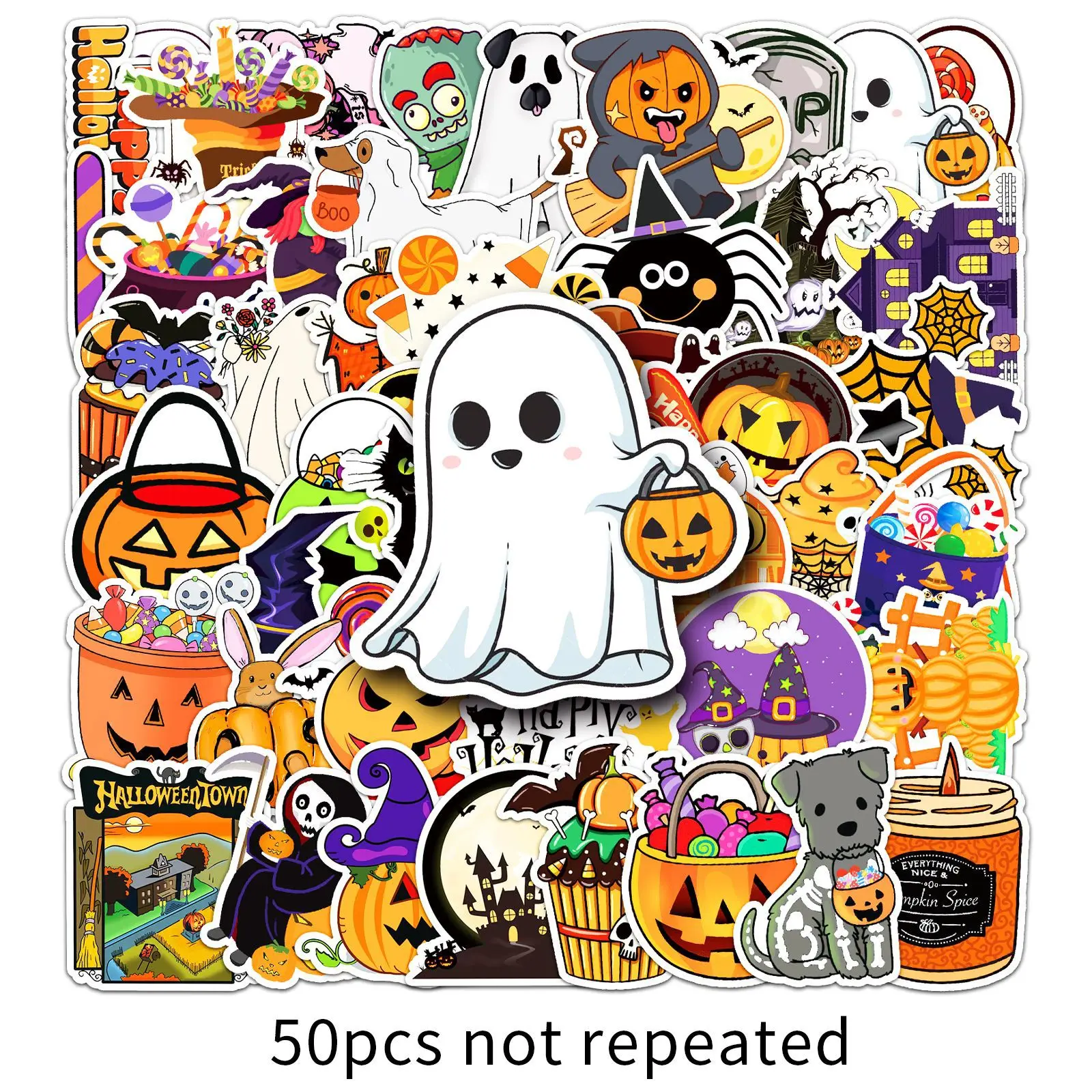 50Pcs/Set Spooky Halloween Stickers PVC Waterproof Pumpkin Ghost Witch Cat Candy Vinyl Decals for Trick or Treat Party Decor