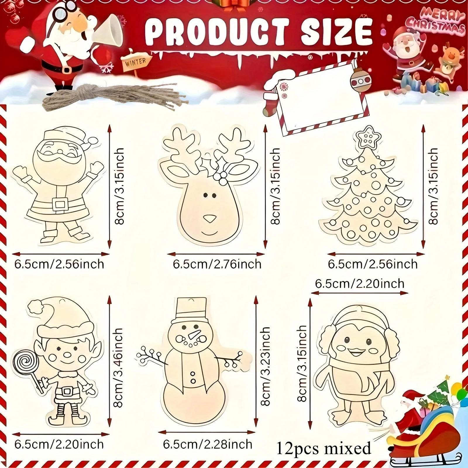 12 قطعة عيد الميلاد زخرفة خشبية الكرتون ثلج/سانتا/شجرة غير مصبوغ قلادة معلقة لنويل الطرف الديكور دهان داي هدية #3