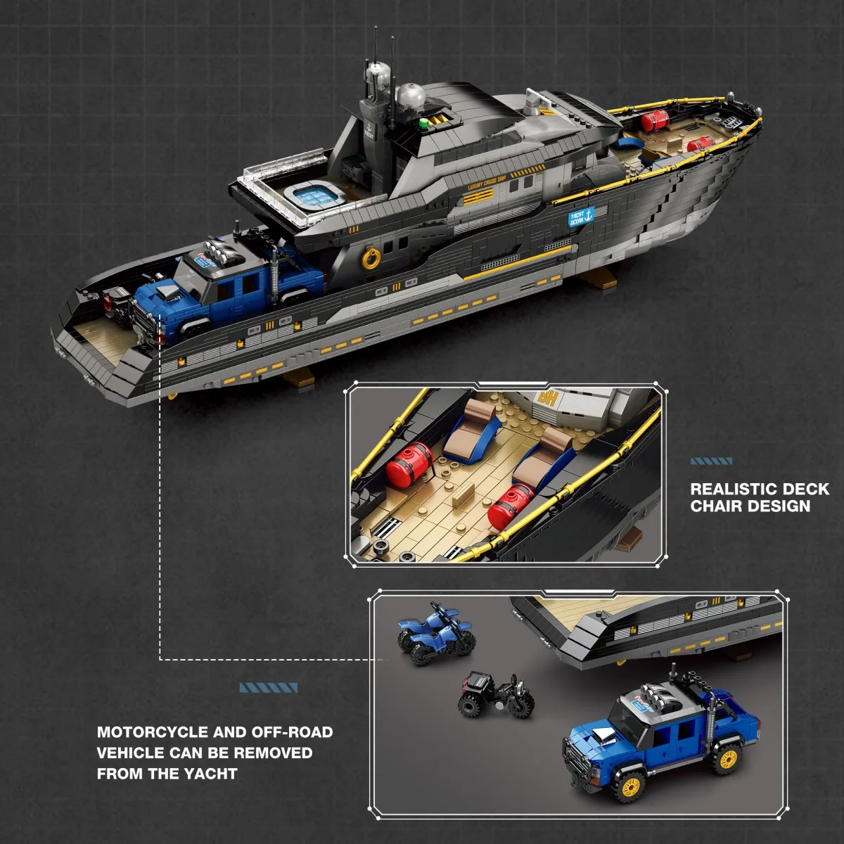 4421PCS Luxury Yacht Building Blocks Set With Motorboat Car Cruise Display Stand Desktop Ornaments Kids Educational DIY Toy Gift