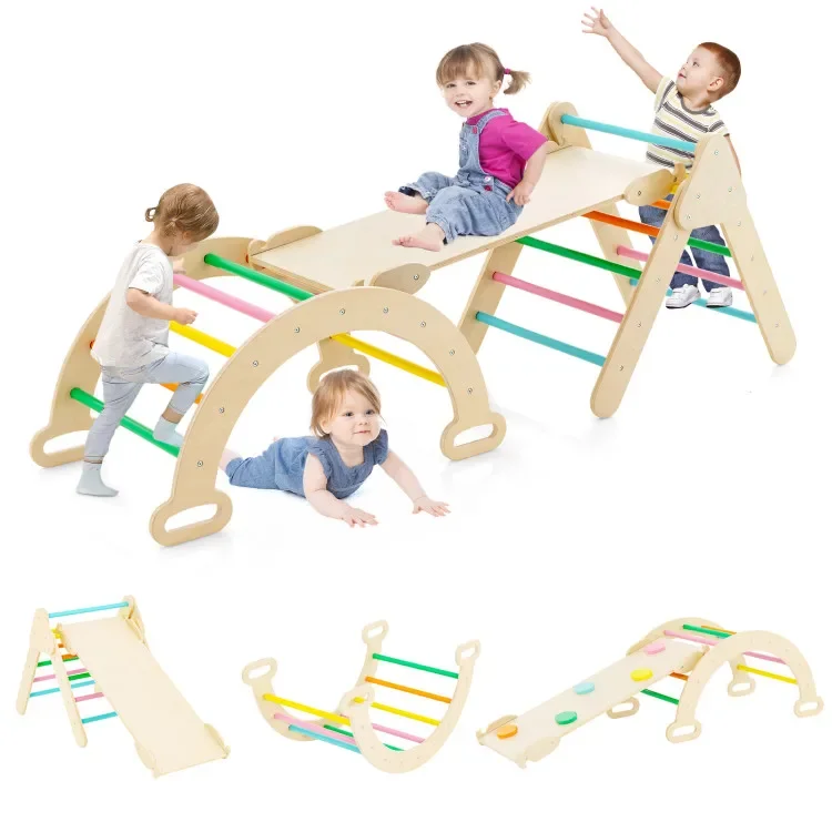 

Montessori 5-Stack Indoor Playground Climbing Frame with Slide Wooden Jungle Gym Station