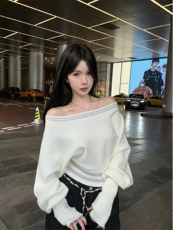 Lazin Sle Ort Oulder Sweater Women's Loose Knitted Irt Autumn Winter Soft Warm …