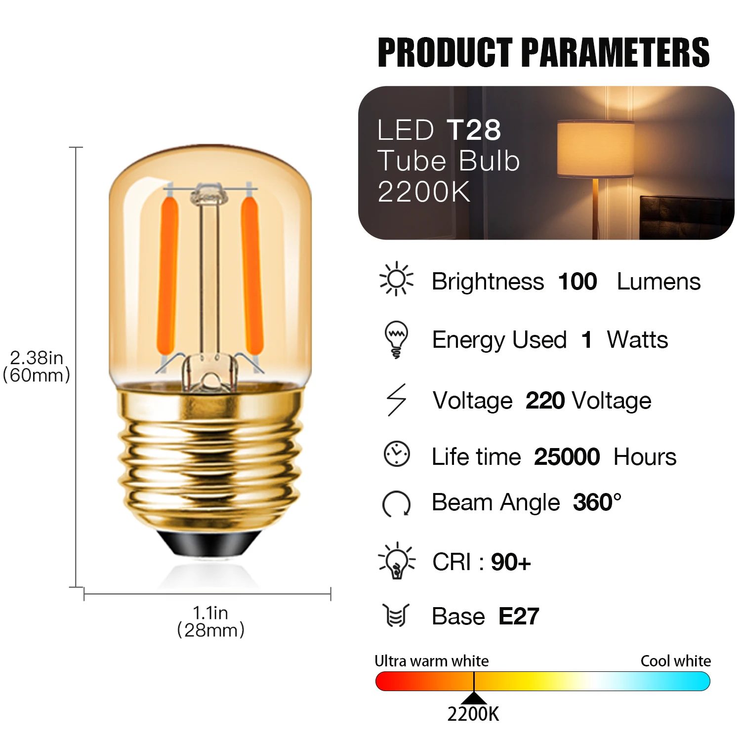 Ampoule LED vintage T28 en verre ambré, filament droit pour lustre, lampe à sel, lumière de décoration intérieure rétro, 1W, 110V, 220V, Inda E26