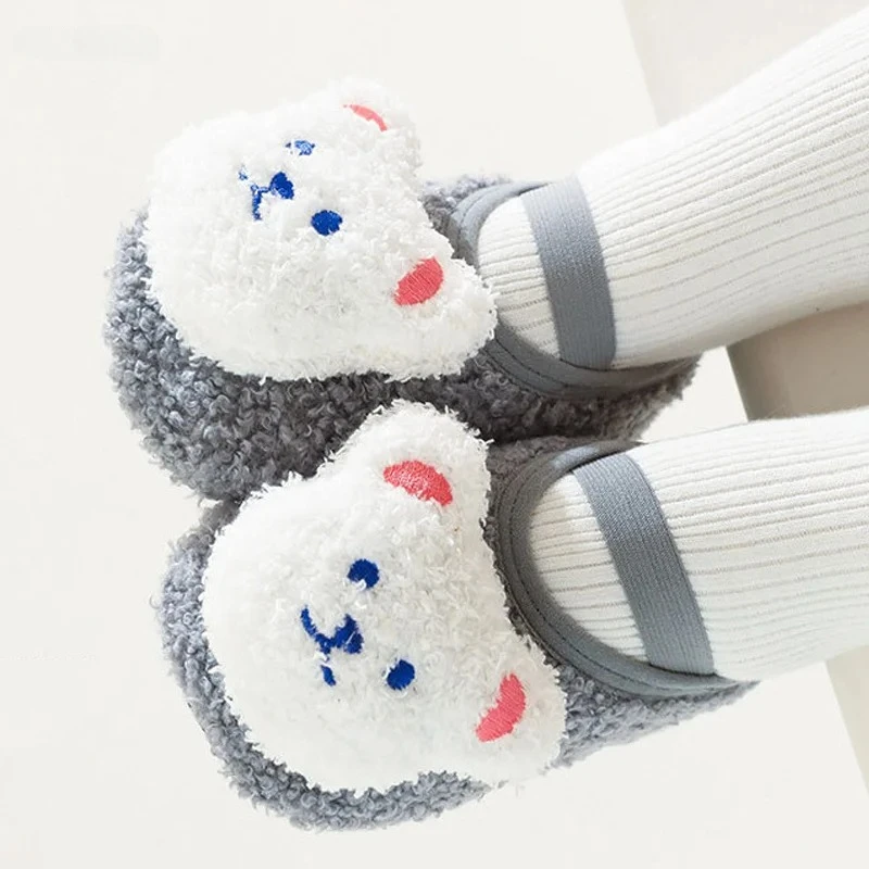 Cartoon Bear Baby Shoes Winter Thick Warm Newborn Shoes Non-slip Soled Soft Plush Toddler Kids Boy Girls Infant First Walkers