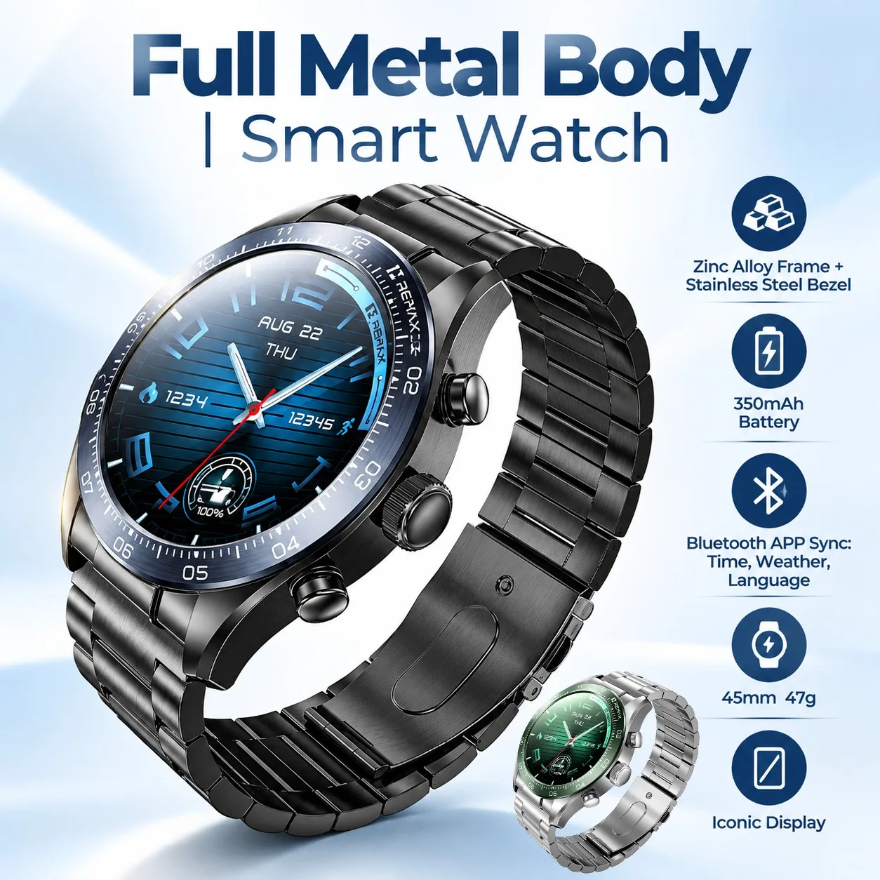 REMAX Smart Watch Metal Zinc Alloy Stainless Steel Magnetic Charging Bluetooth 350mAh 5-7 Days Battery 45mm Fitness Sports