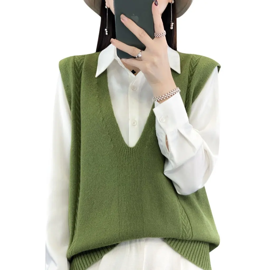 

Autumn New Women's Knitted Waistcoat Deep V Collar Pullover Jacquard Loose Wool Sweater Fashionable Women's Top