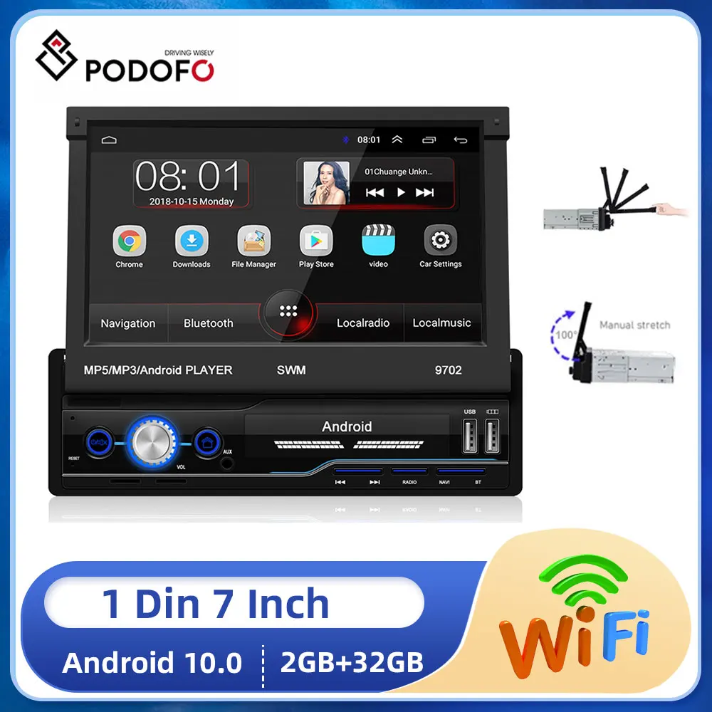 Podofo Android10 2+32G Car Radio Autoradio 1Din 7'' Touch Screen Car Multimedia Player GPS Navigation Wifi Bluetooth USB NO DVD