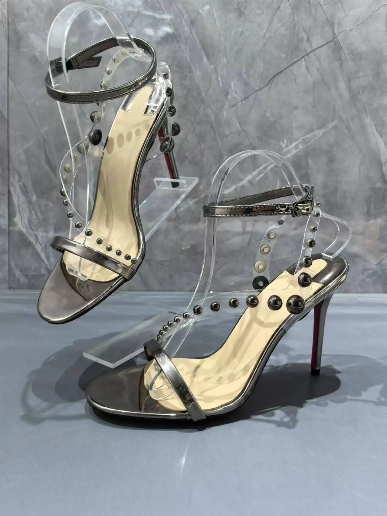 

Silver Shiny Patent Leather Sandals Rivet Buckle with Pvc High Heels Party Evening Shoes for Women