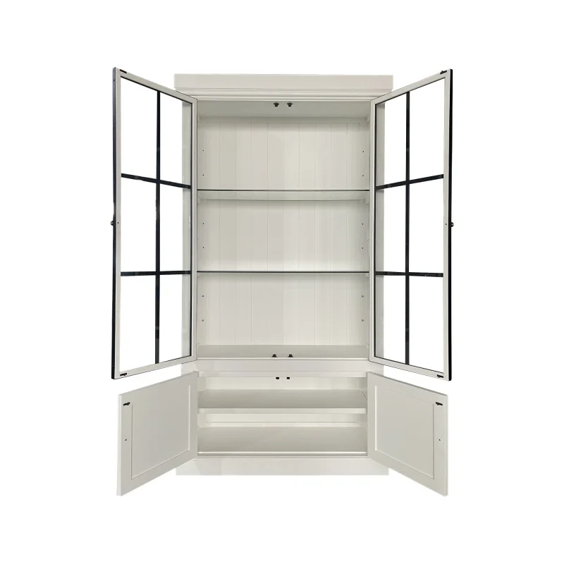 custom.SG0299 French Style Iron Door Solid Wooden Display Cabinet With Glass Door White Display Cabinets Kitchen