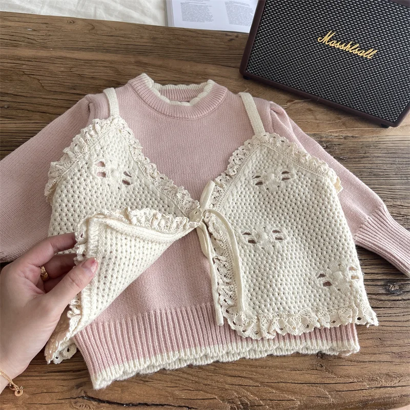 Sweater Knitting Girl Fake Two Pieces 2024 New Western Wool Top Cute Sweet Simple Comfortable Active Autumn