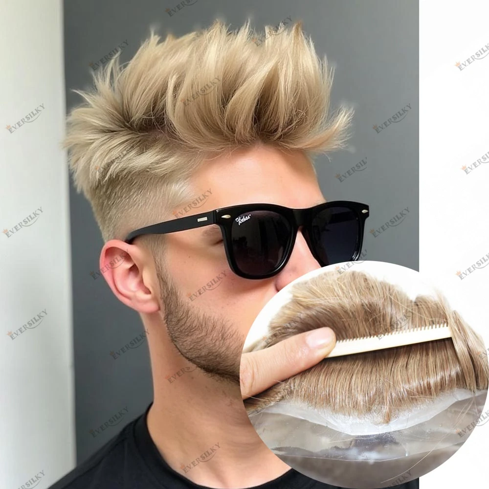 

Undetectable Human Hair Microskin Men's Hairloss Hair Replacement Toupee Vloop Full PU Base Blonde Natural Hairline Prosthesis