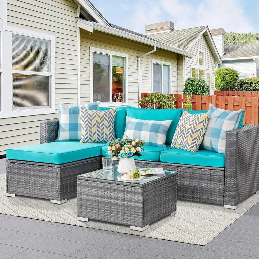 Outdoor Sectional Sofa 3-piece Set of Patio Furniture Small Patio Sofa With Washable Cushions and Glass Table Air Inflatable