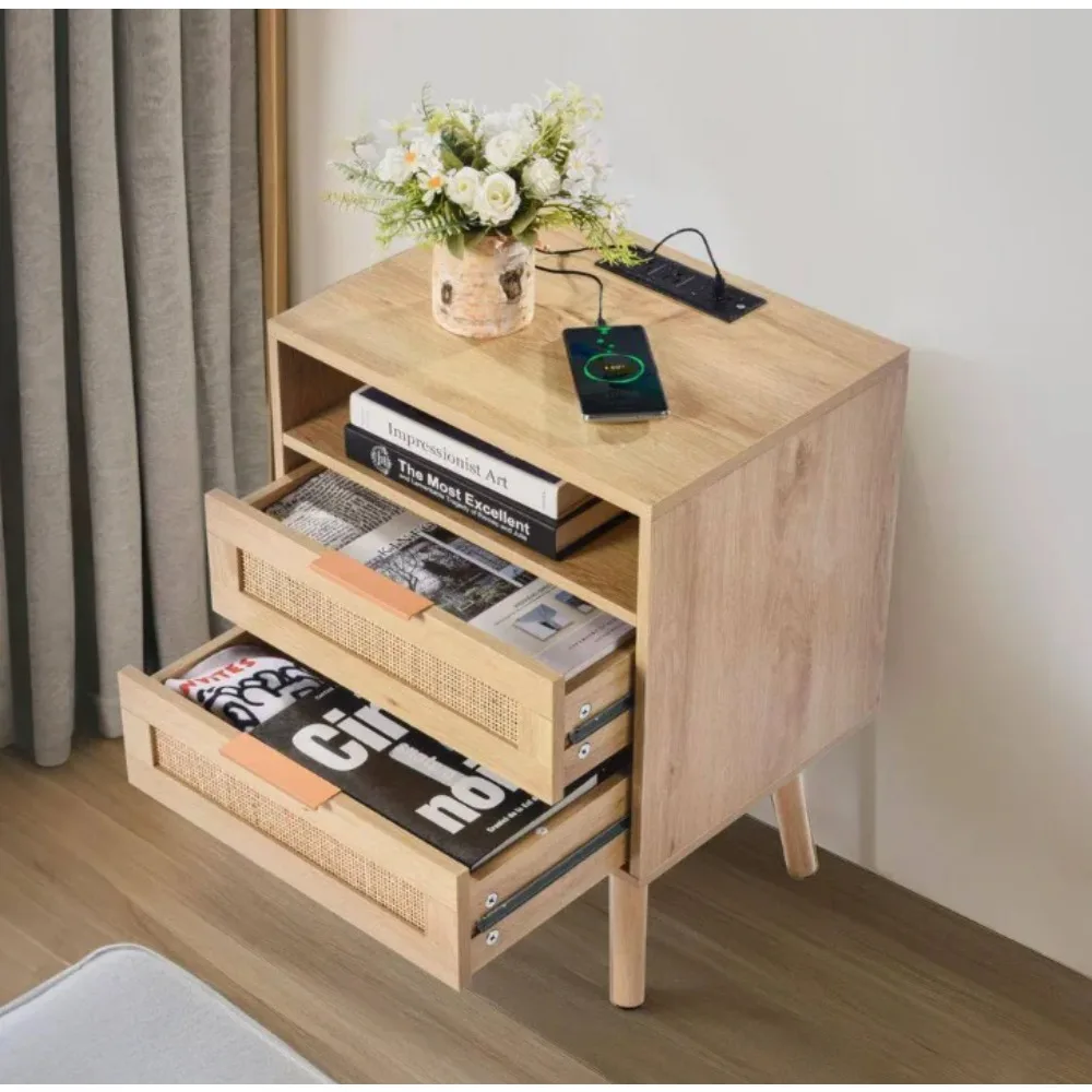 

Rattan Nightstand, Boho Bedside Table with Open Shelf 2 Drawers, Rattan End Table Nightstand with Solid Wood Legs
