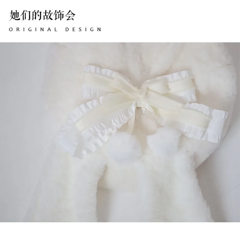 Korean Version of Autumn and Winter White Lolita Beret Original Plush Warm Rabbit Ear Bow Dome Sweet Painter Hat for Women's 3