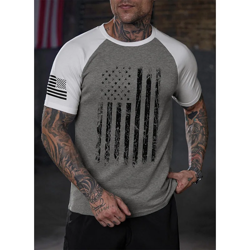 Retro Star Striped Flag Print Raglan Sleeve T-Shirt Men's Clothing Solid Color Casual Black Grey T Shirts America 250th 2026
