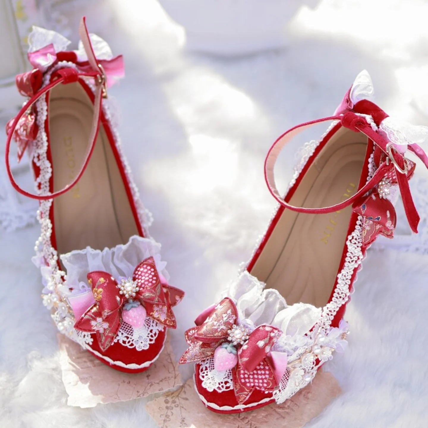

Red Velvet Lolita Block Heels Strawberry & Lace Round Toe Shoes 5/8cm Heel Ankle Strap Tea Party Pumps