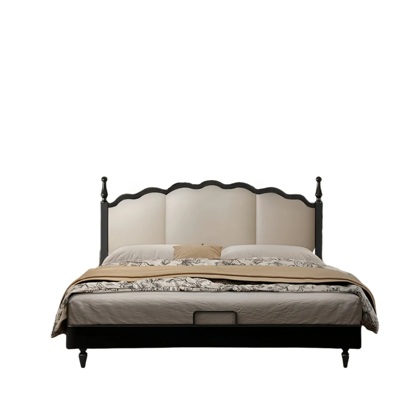 

#Modern Luxury Wavy Headboard BedFrame Upholstered King Size Bed French Style Scalloped Wood Frame Double Bed for Master Bedroom