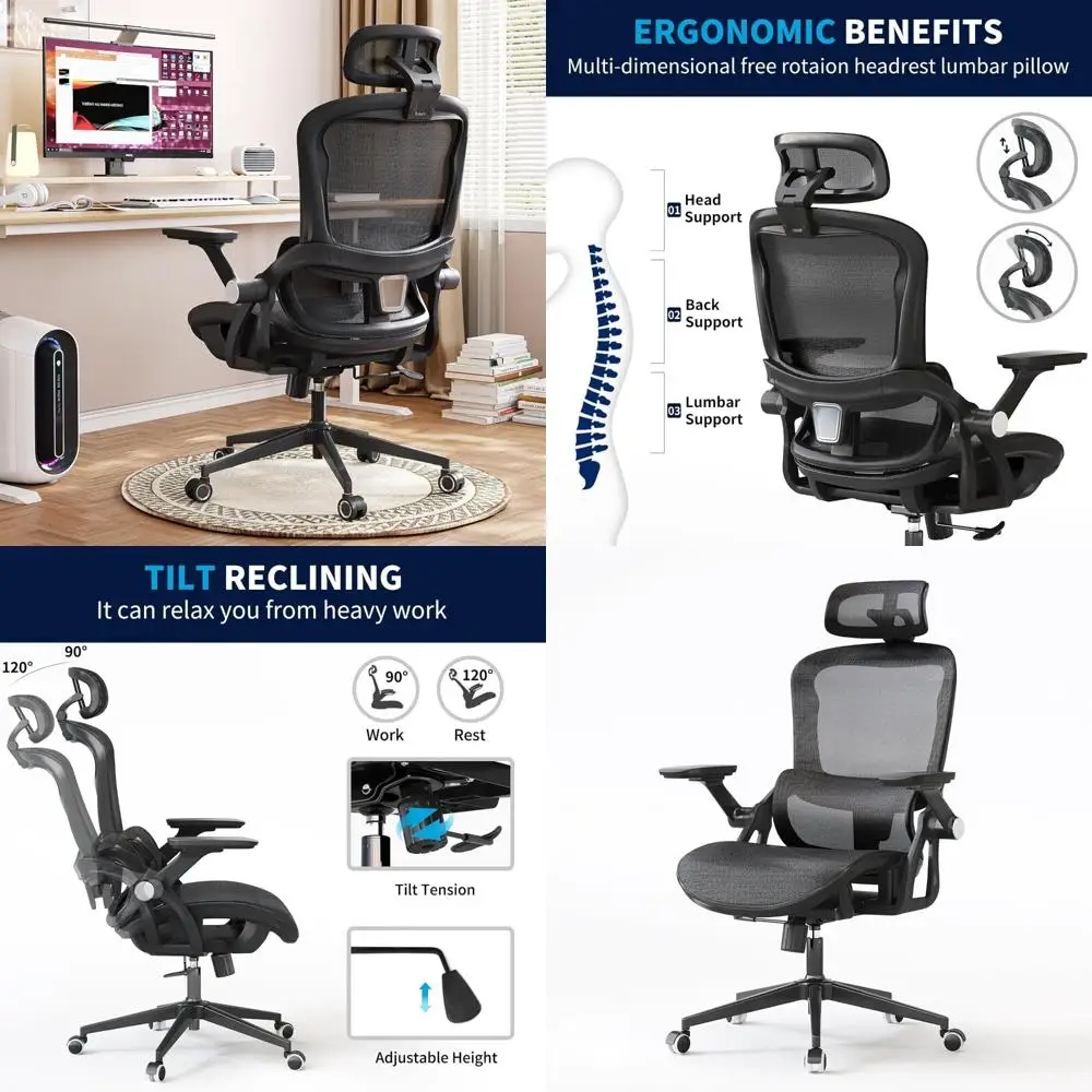 كرسي دوار مريح عالي الظهر مع دعم قطني ومسند للرأس، ارتفاع قابل للتعديل، وأذرع قابلة للطي، وميزة هزازة لـ Comf