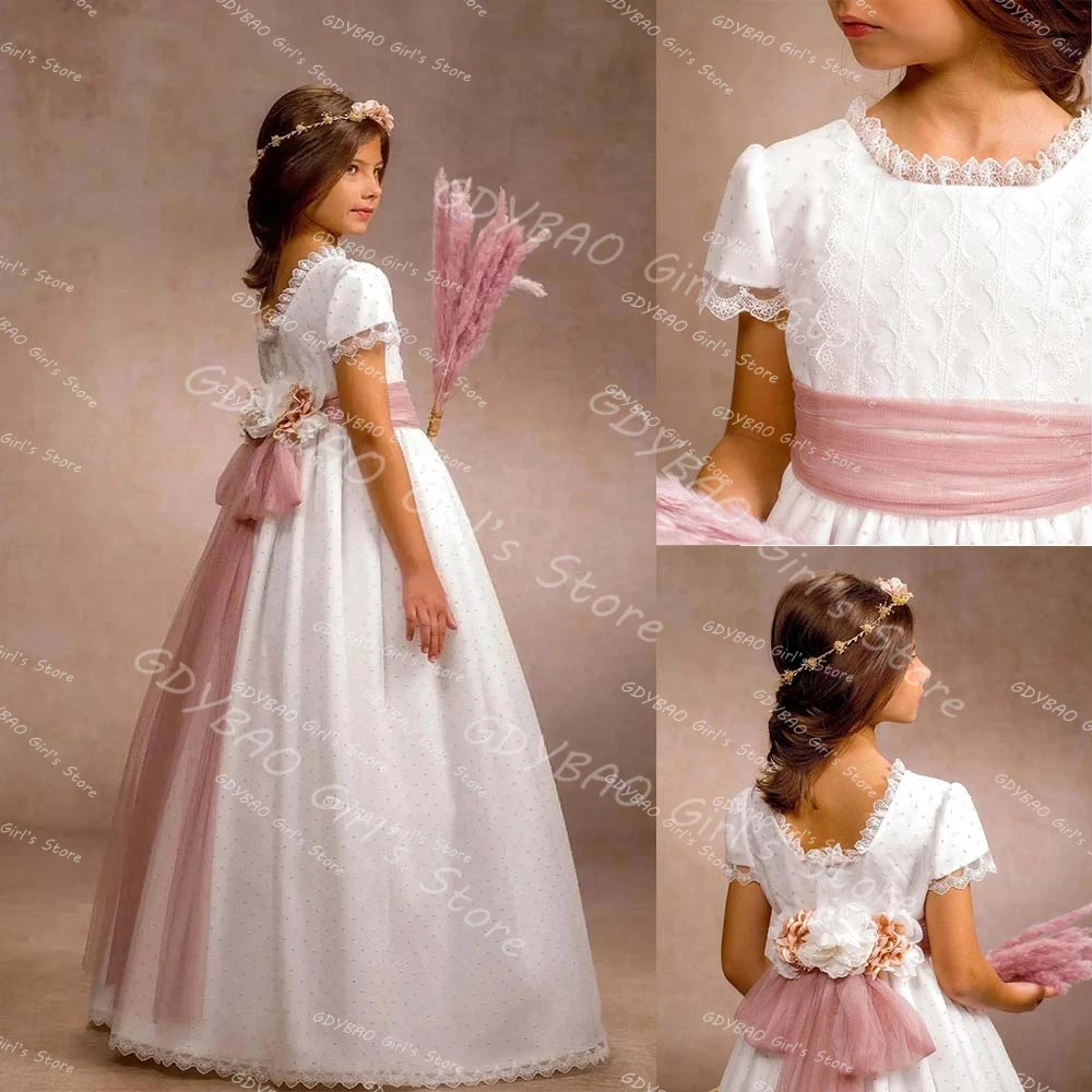 Maßgeschneidertes Blumenmädchenkleid für Hochzeiten, A-Linien-Kleid für Erstkommunion, Kurzarm-Geburtstagskleid mit Schärpen