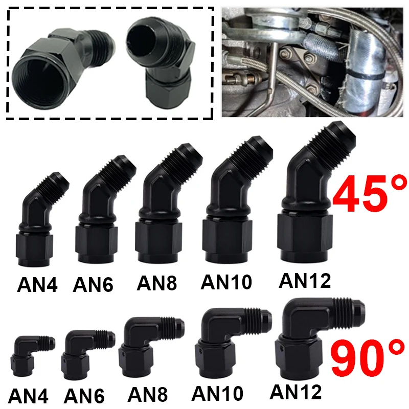 محول خرطوم وقود زيت الألومنيوم المؤكسد ، محولات دوارة لتركيبات وقود الزيت الأسود الذكور ، 45 90 درجة أنثى AN4 AN6 AN8 AN10 AN12