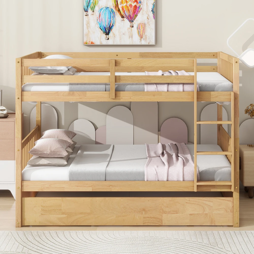 

Full Over Full Rubber Wood Bunk Bed with Trundle, Ladder & Guardrails Convert to 2 Full Beds Twin Trundle White Oak