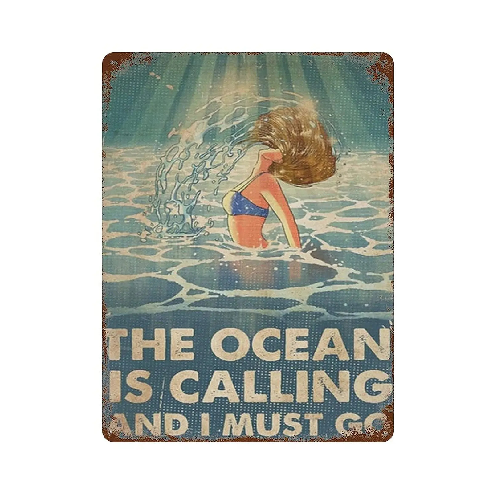 Retro Metal tin sign，Novelty Poster，Iron Painting，Swimming Tin Sign, The Ocean Is Calling And I Must Go Ideal, Summer Time  sign