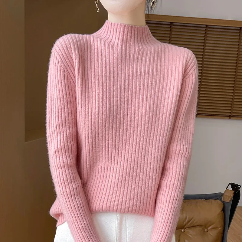 2024 Autumn/Winter New Vertical Bar Half High Collar 100% Wool Sweater Women's Knitted Bottom Sweater Thick Pullover Long Sleeve