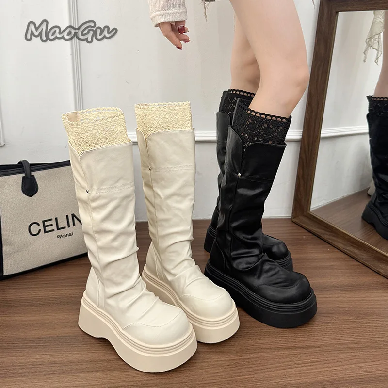 

British Style Beige Platform Shoes for Women Autumn Fashion Riding Long Boots Black Knee-High Lace Pleated Botas Size 35-39