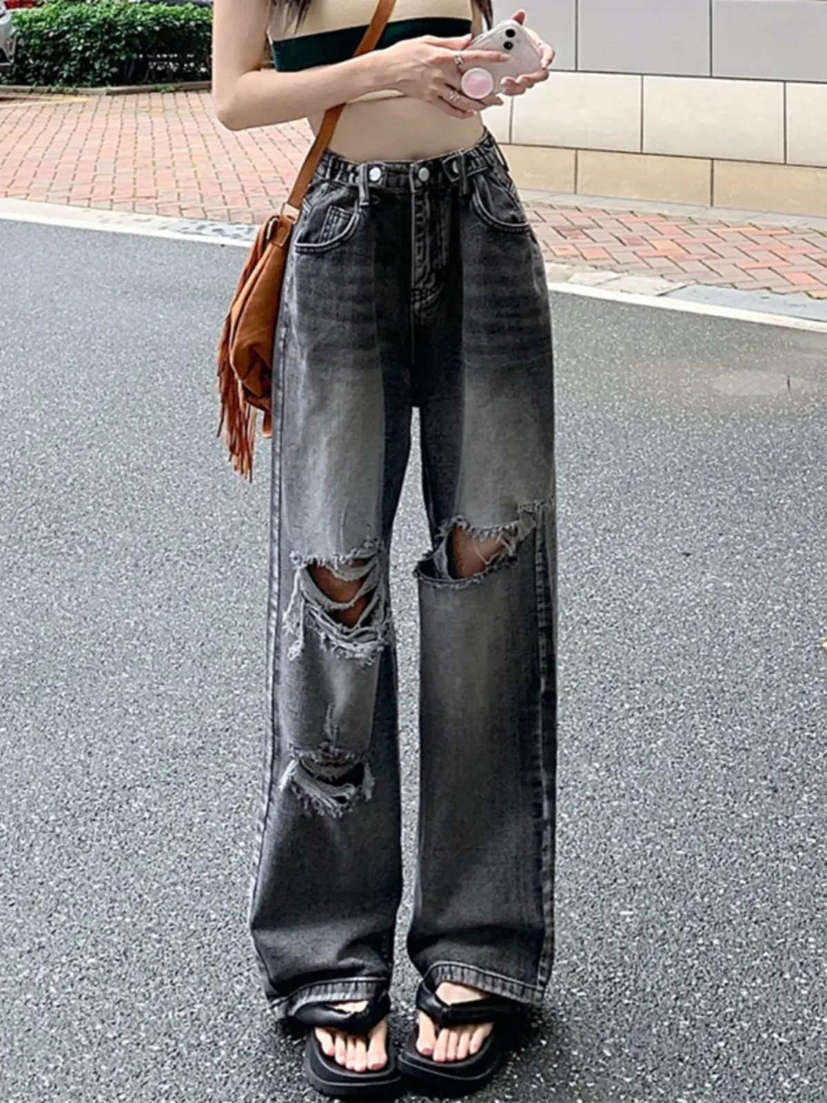 بنطلون جينز أمريكي بتصميم ممزق للنساء، موديل شتوي جديد بأسلوب الشارع الراقي، فضفاض بخصر عالٍ، نحيف وواسع الساق، كاجوال بلون غامق