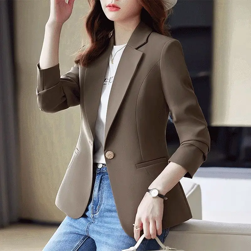 

Faionable Coffee Color Women's Suit Jaet ort Casual Sle Spring Autumn New Arrival Ele Small Size Western Clothes