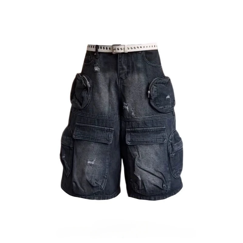 2025 American Street, übergroße, gewaschene Vintage-Jeansshorts mit mehreren Taschen für Damen, Arbeitskleidung, hohe Taille, gerades Bein