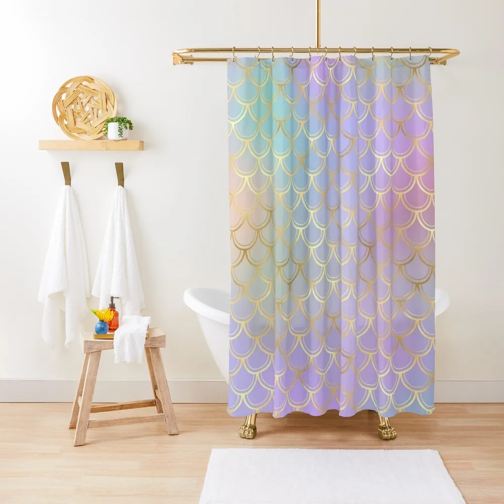 Golden Mermaid Glitter Scales Shower Curtain Glitter Shiny Rainbow Shower Curtains Bathroom Decor Polyester Waterproof Bath Set