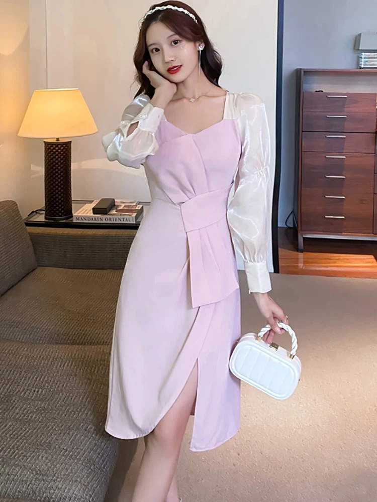 Abito longuette con fasciatura con fiocco chic patchwork rosa da donna Autunno Inverno Elegante abito casual a maniche lunghe 2025 Abito da festa aderente coreano
