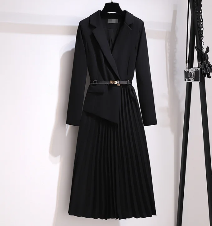 ชุดเดรสเข้ารูปลําลองย้อนยุคฝรั่งเศสสําหรับผู้หญิงในฤดูใบไม้ผลิและฤดูร้อนปกสีทึบเอว Cinched เดรสสูทจีบเดินทาง