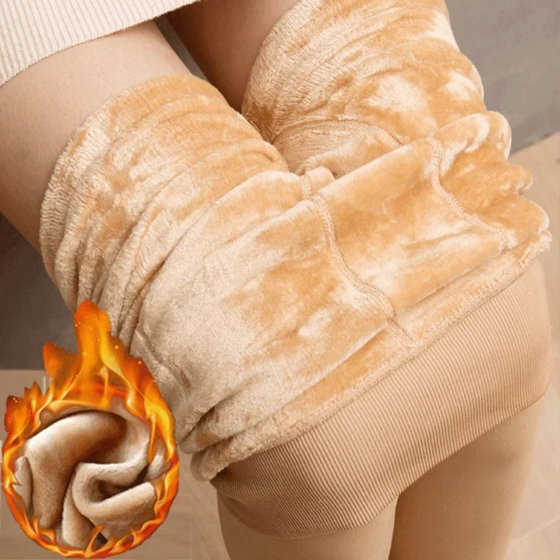 Celana Ketat Berlapis Bulu Warna-warni Pantyhose Termal Wanita untuk Wanita Celana Dalam Musim Dingin Stoking Efek Hitam Kulit Kutub Legging Termal