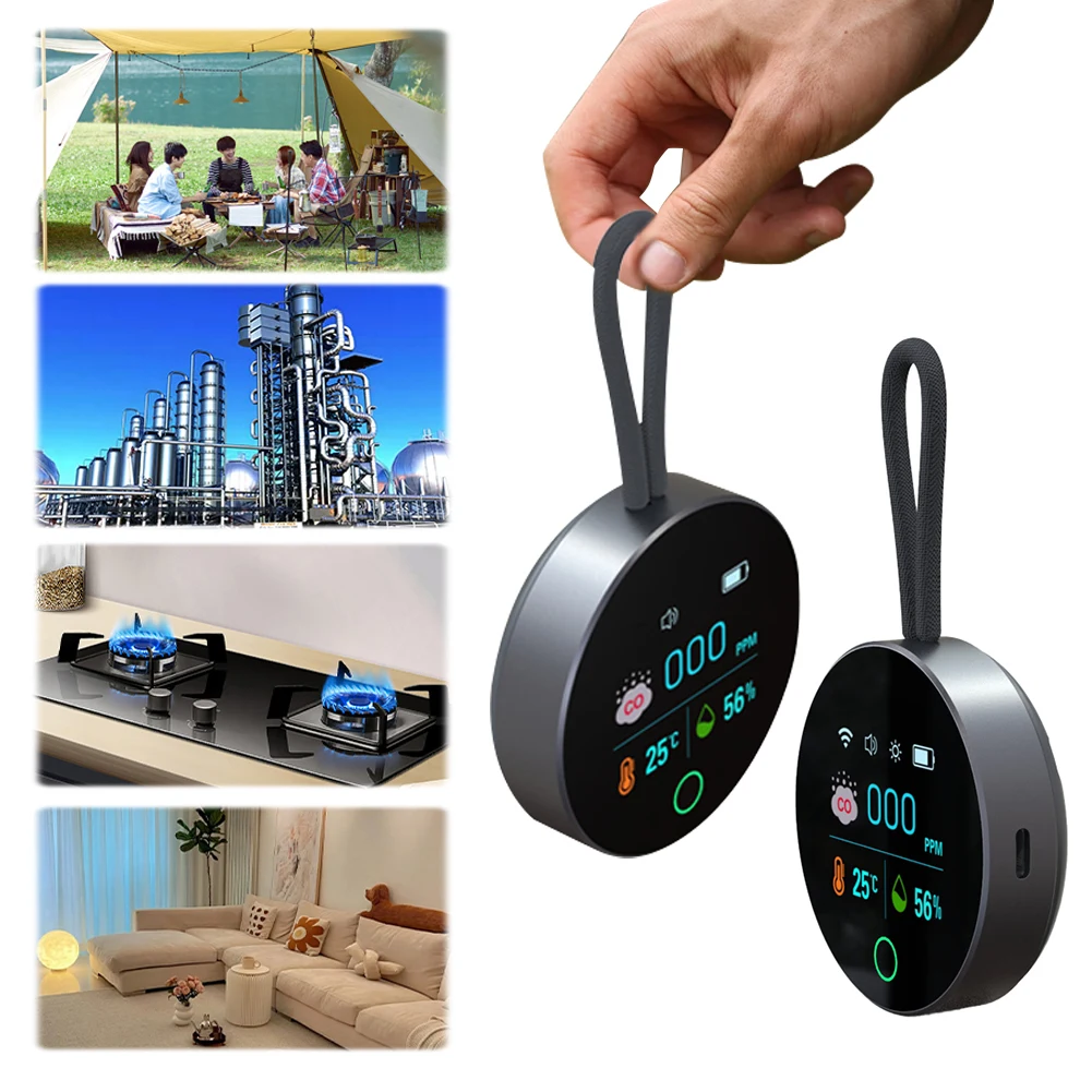 Detector de monóxido de carbono 3 en 1, Monitor de calidad del aire CO de 1000mAh, Detector de CO, alarma, Sensor de temperatura y humedad para acampar al aire libre, RV y coche