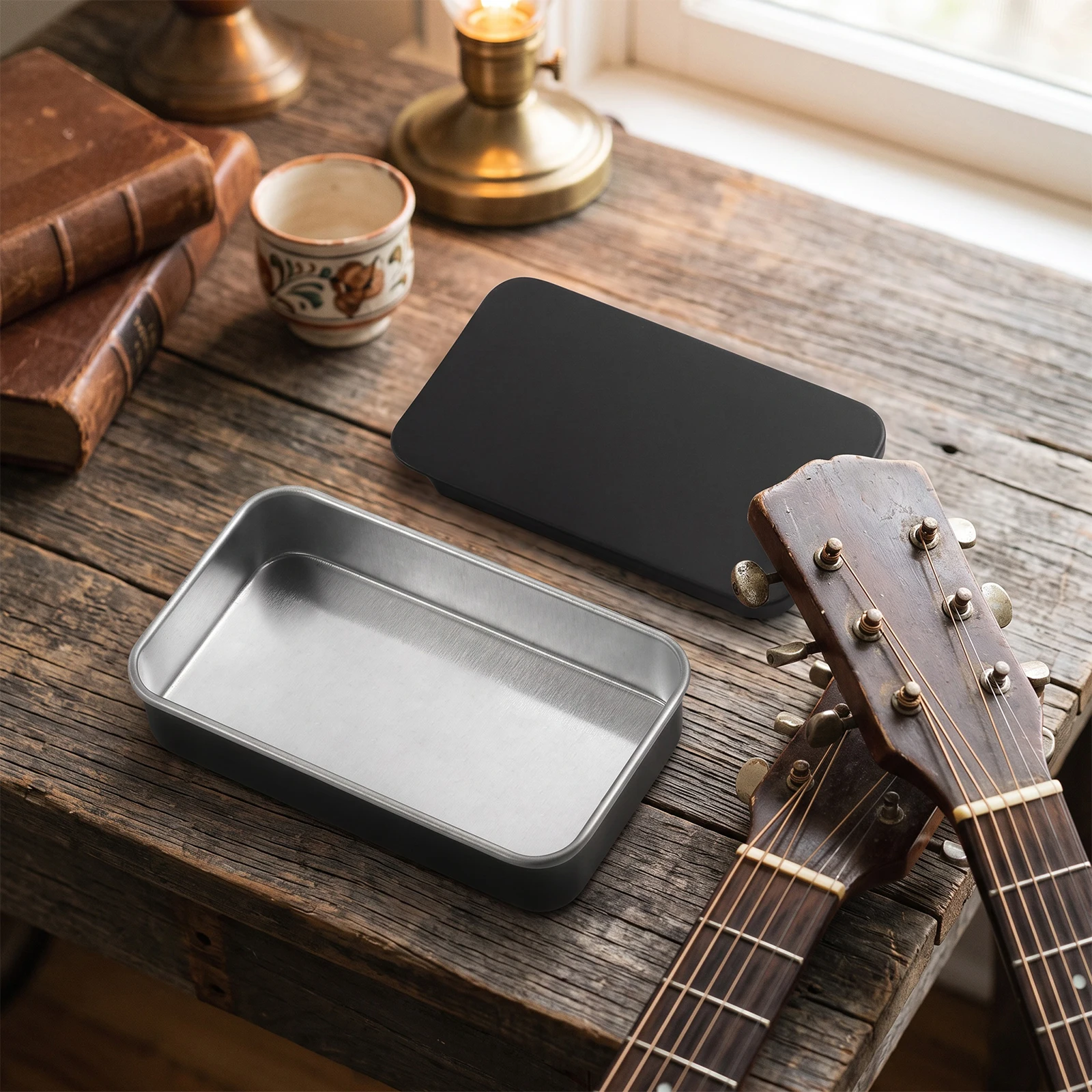 Pick Storage Tin Box 2 Pack Slide Open Guitar Pick Holder Stores 30 Picks with 5 Celluloid 0.7mm Picks Guitar Set