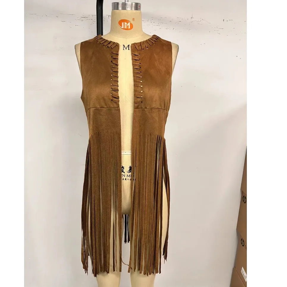 New Women's Suede Cardigan Waistcoat Suede Long Fringe Cape Tassels Open Front Hollow Hole Design Fashion Hippie Outerwears