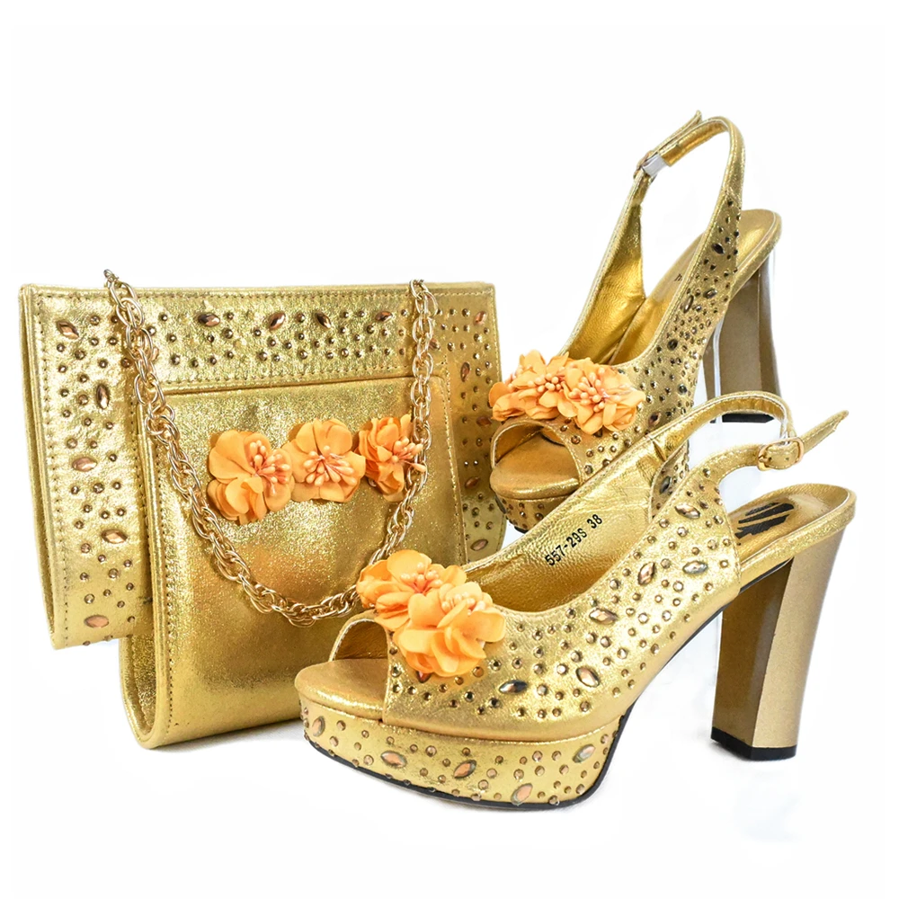 Doershow New Arrival African Wedding Shoes and Bag Set gold Color Italian Shoes with Matching Bags Nigerian lady party  HJK1-14