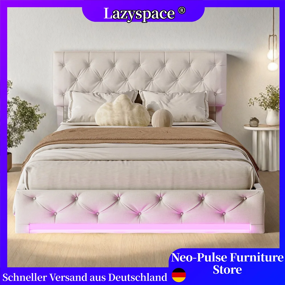 Letto contenitore idraulico Lazyspace Linen, letto matrimoniale imbottito 140/160 x 200 cm, struttura letto per ragazzi a LED con testiera regolabile