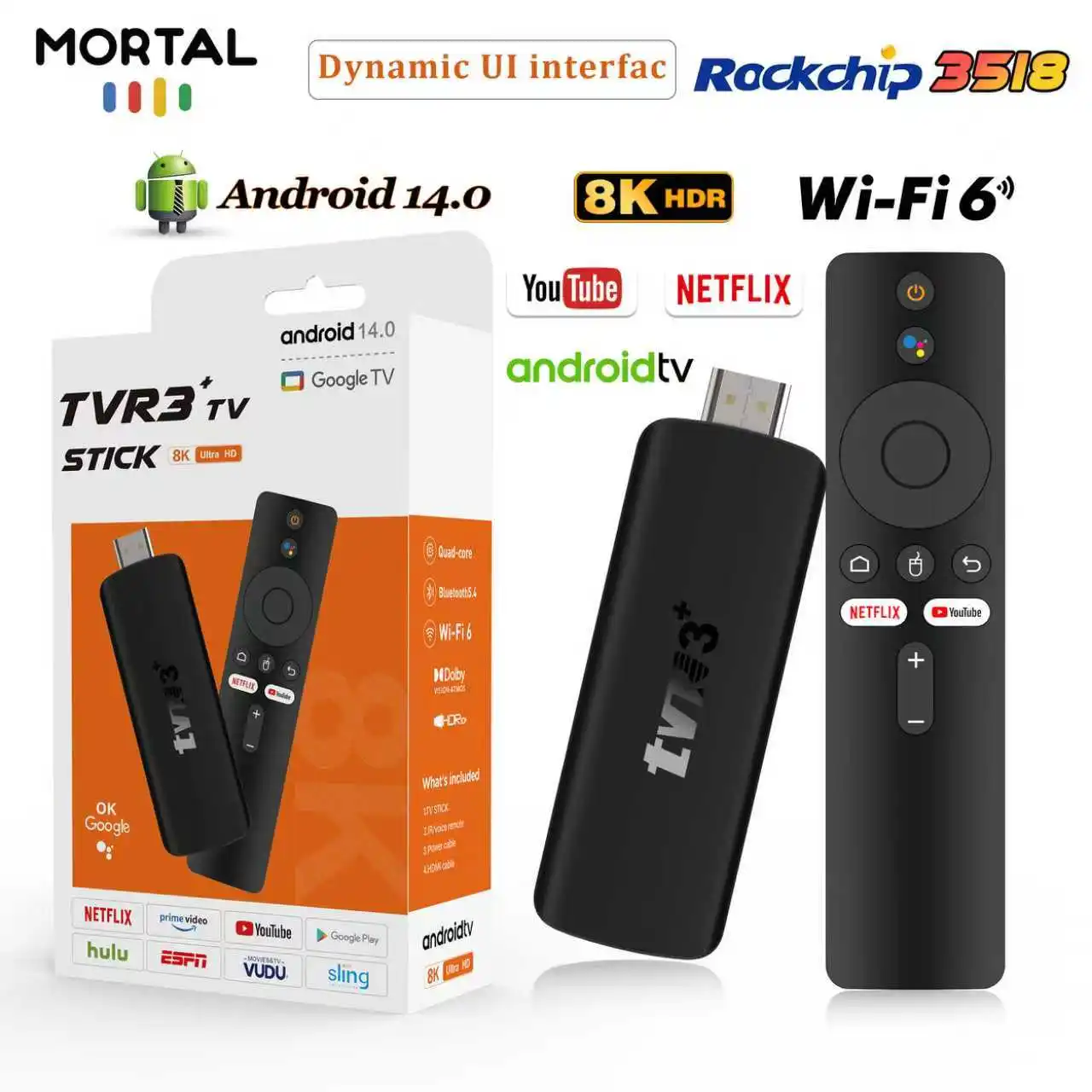 Mortal Rockchip RK3518 Quad Core TV Stick Smart TV Android14 4K TV Box Wifi6 BT5.0+ ROM 16G RAM 2GB 4K Smart TV Dongle TVR3+
