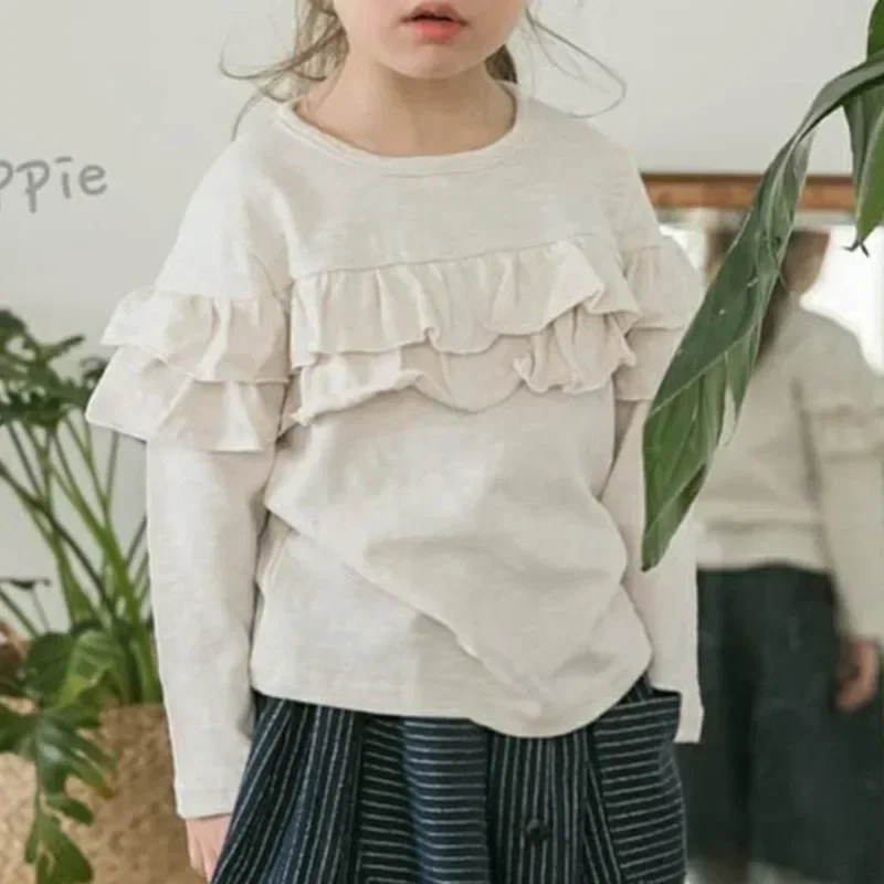 Early Autumn New Round Neck Solid Color Inner Child Bamboo Cotton Long Sleeve T-shirt Sweet  Fresh Baby Casual Girl Top 2024