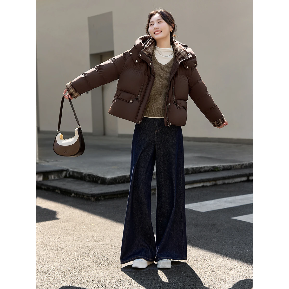 VIMLY المرأة سترة شتوية عادية براون تقسم منقوشة قصيرة مقنعين معاطف مكتب سيدة زمم جيب الإناث أبلى 50859