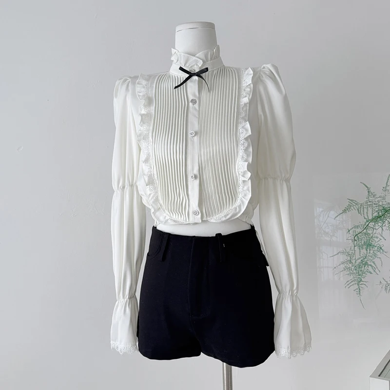 

French Elegant Crop Shirts Women Ruffles Lace Patchwork Long Sleeve Blouse Chic Stand Collar Bow Folds Preppy White Button Tops