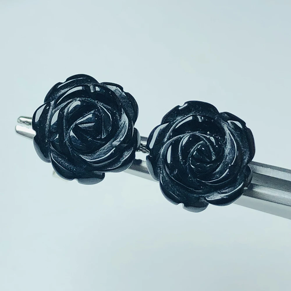 

MELE Natural black agate and white seashell , rose quarts silver earring, 12mm for the flower size, romantic and beautiful