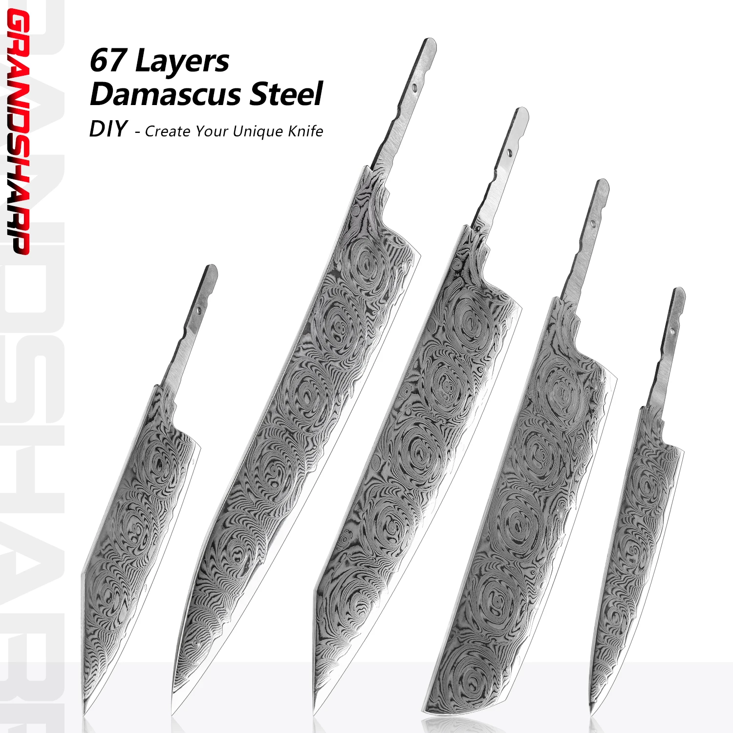 Grandsharp DIY Blade High Carbon Steel 67 Layers Damascus 10cr15CoMov DIY Knife Blank No Handle For Chef Utility Knives